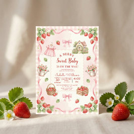 Strawberry bow baby shower First Berry Sweet Inbjudningar