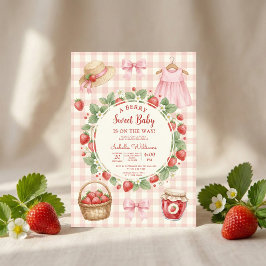 Strawberry bow baby shower First Berry Sweet Inbjudningar