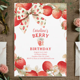 Strawberry Bow Girls Berry First Birthday Inbjudningar