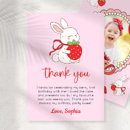 Strawberry Bunny 1st Birthday Photo Thank You Card Inbjudningar