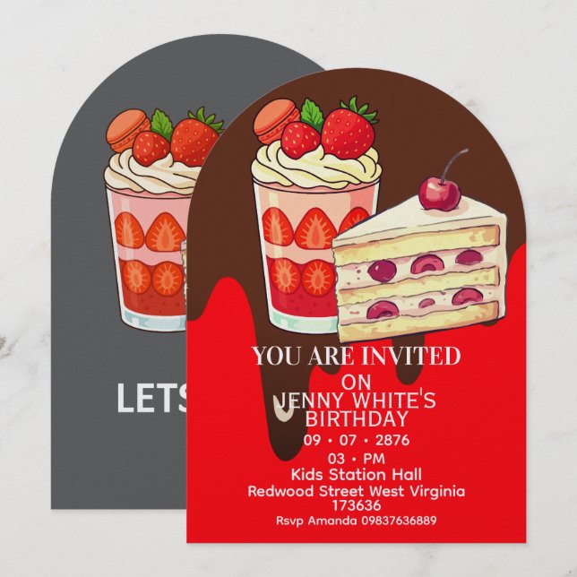 Strawberry  Cake Themed Birthday Invitation  Inbjudningar (Fram/baksida)