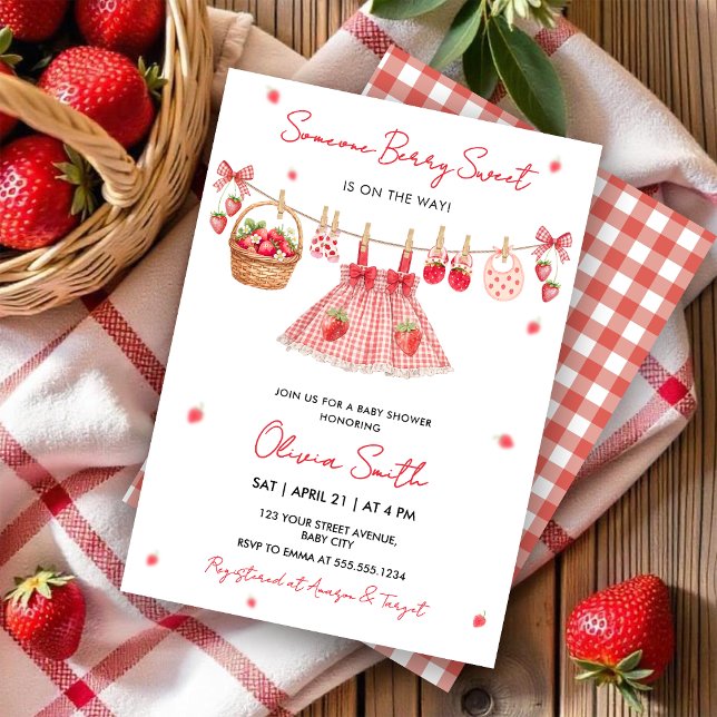 Strawberry Clothesline Berry Sweet Baby Invitation Inbjudningar (Skapare uppladdad)