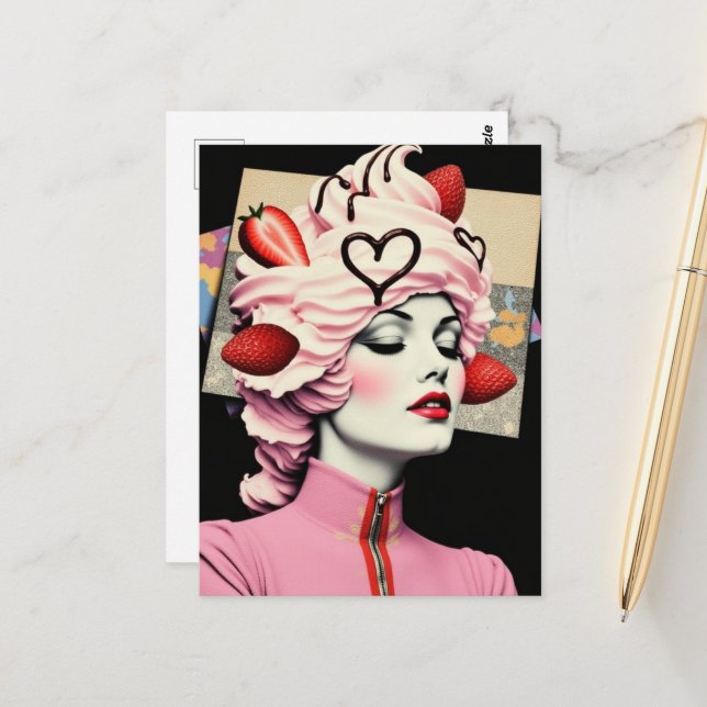 Strawberry Dessert Woman Collage Vykort (Fram/Back In Situ)