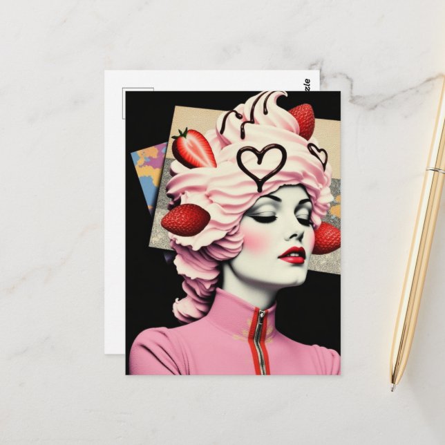 Strawberry Dessert Woman Mixed Media Collage Vykort (Fram/Back In Situ)