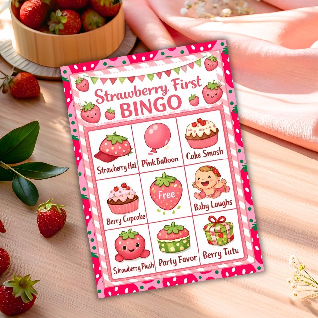 Strawberry First Birthday Celebration Bingo Card Inbjudningar (Skapare uppladdad)