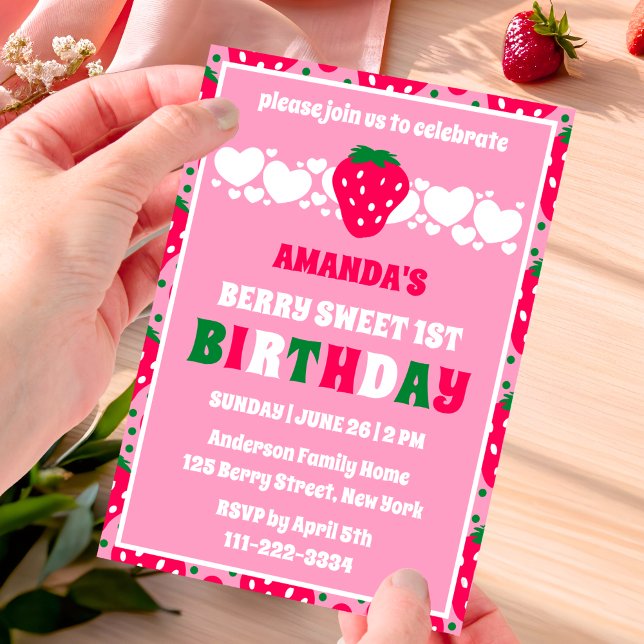 Strawberry First Birthday Celebration Invitation Inbjudningar (Skapare uppladdad)