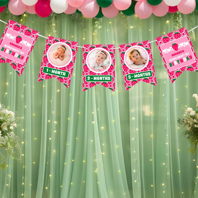 Strawberry First Birthday Celebration Photo Vimplar (Skapare uppladdad)