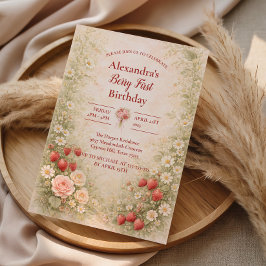 Strawberry First Birthday Garden Party 1st Birthda Inbjudningar