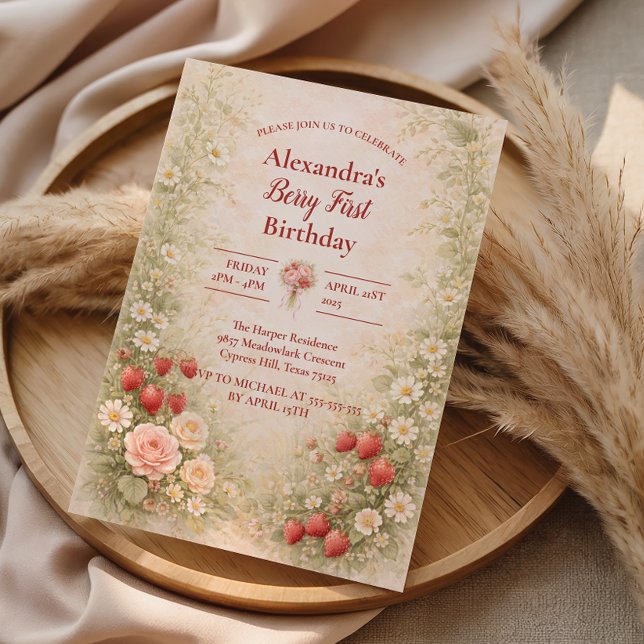 Strawberry First Birthday Garden Party 1st Birthda Inbjudningar (Skapare uppladdad)