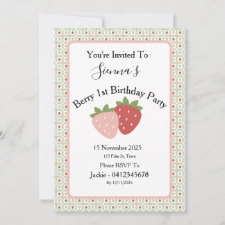 Strawberry Gingham First Birthday Party Inbjudningar