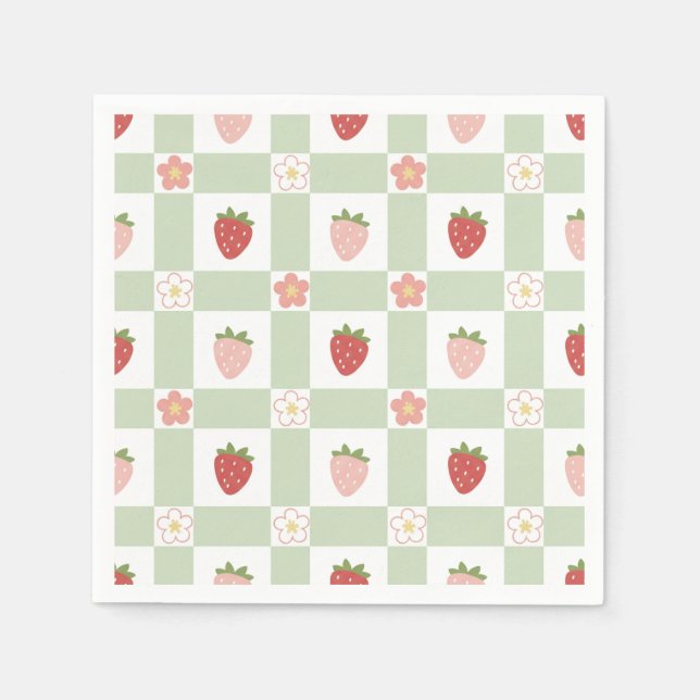 Strawberry Gingham Pastel Green 1st Birthday Pappersservett (Framsidan)