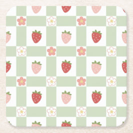 Strawberry Gingham Pastel Green Party Underlägg Papper Kvadrat