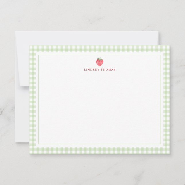 Strawberry Green Gingham Border Personalized Anteckningskort (Framsida)