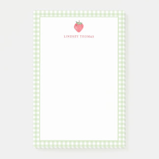 Strawberry Green Gingham Border Personalized Post-it Block