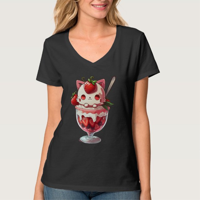Strawberry Ice Cream Sundae Kitten Gelato Berry Ca T Shirt (Framsida)
