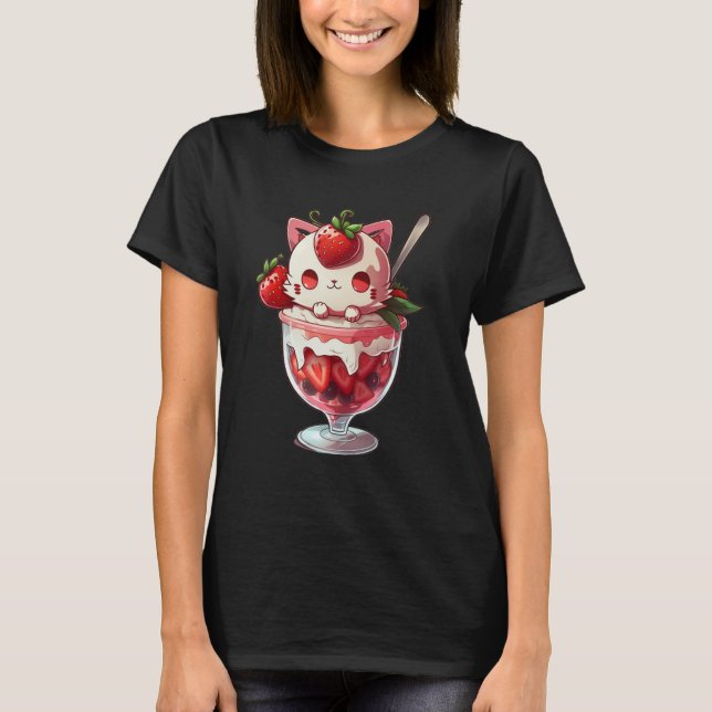 Strawberry Ice Cream Sundae Kitten Gelato Berry Ca T Shirt (Framsida)