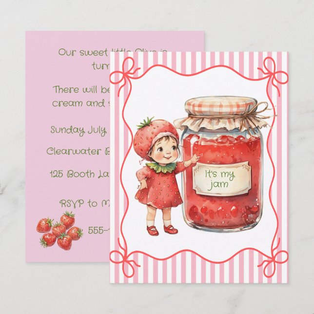 Strawberry Jam Birthday Invite Digital Download Inbjudningar (Fram/baksida)