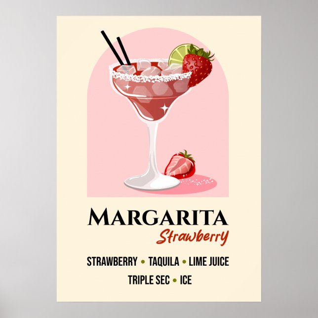 Strawberry Margarita with Salt Rim Recipe Art Poster (Framsidan)