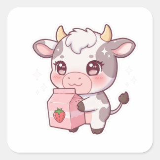 Strawberry Milk Cow – Kawaii Vibes Only! Fyrkantigt Klistermärke