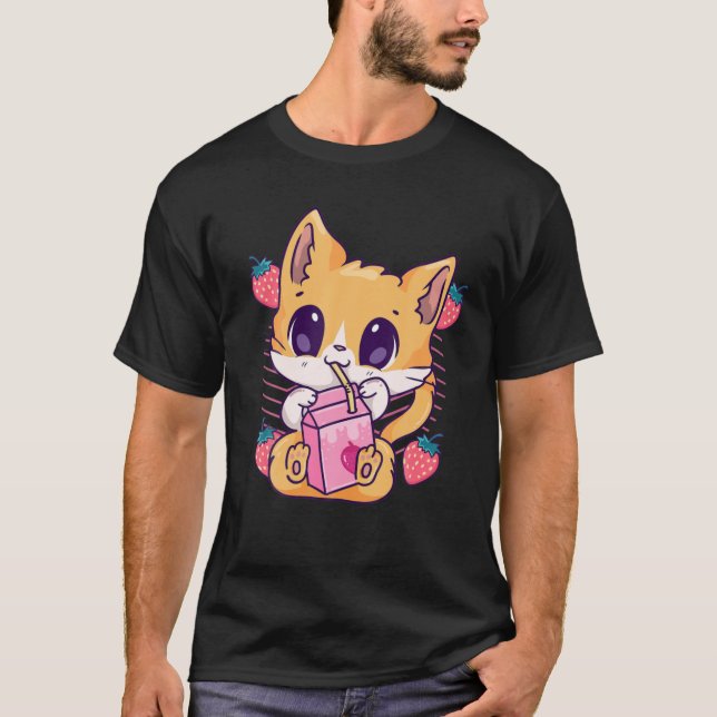 Strawberry Mjölk Cat Cute Kawaii Kitten Anime Neko T Shirt (Framsida)