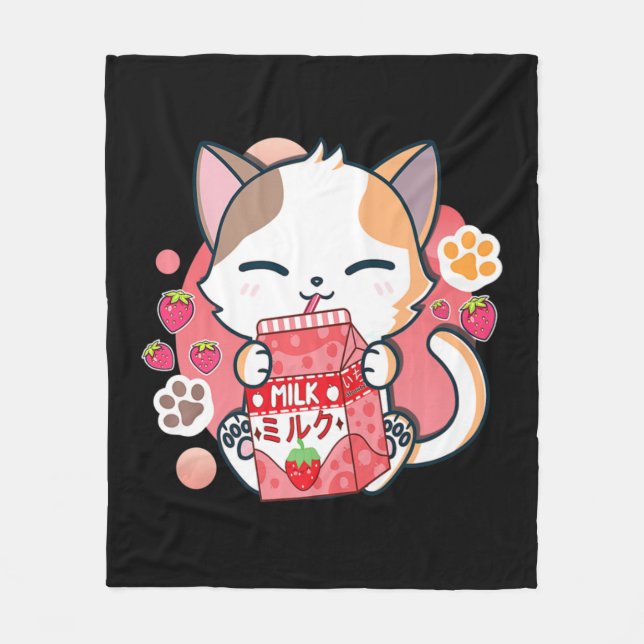 Strawberry Mjölk Cat Kawaii Anime Neko Gift Girls  Fleecefilt (Framsidan)