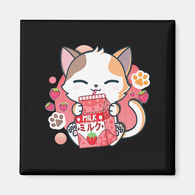 Strawberry Mjölk Cat Kawaii Anime Neko Gift Girls  Magnet (Framsidan)
