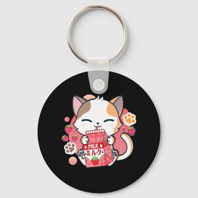 Strawberry Mjölk Cat Kawaii Anime Neko Gift Girls  Nyckelring (Framsida)