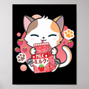 Strawberry Mjölk Cat Kawaii Anime Neko Gift Girls Poster