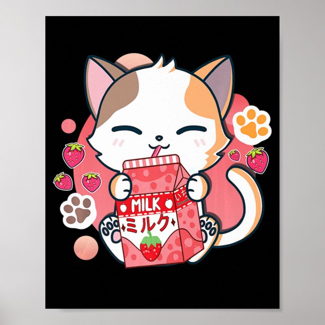 Strawberry Mjölk Cat Kawaii Anime Neko Gift Girls  Poster (Framsidan)