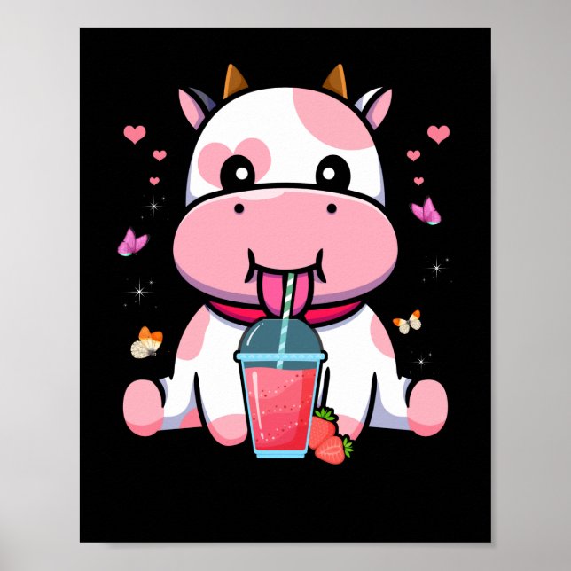 Strawberry Mjölk Cute Kawaii Aesthetic Rosa Cow Poster (Framsidan)