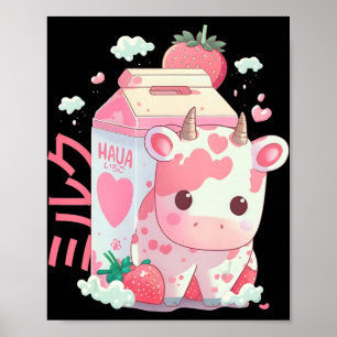 Strawberry Mjölk Milkshake Cow Carton Cute Kawaii  Poster