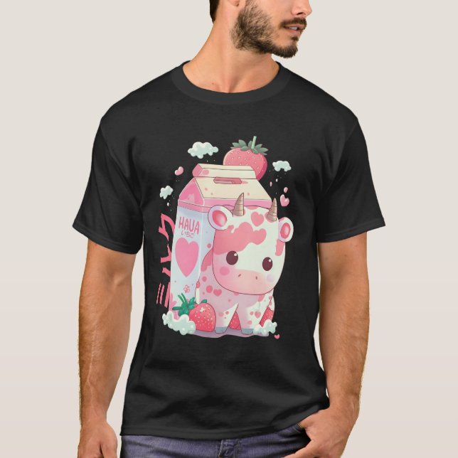 Strawberry Mjölk Milkshake Cow Carton Cute Kawaii  T Shirt (Framsida)
