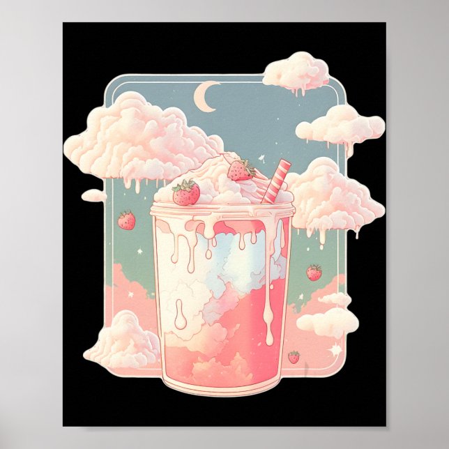 Strawberry Mjölk Milkshake Kawaii Lofi Cute Pastel Poster (Framsidan)