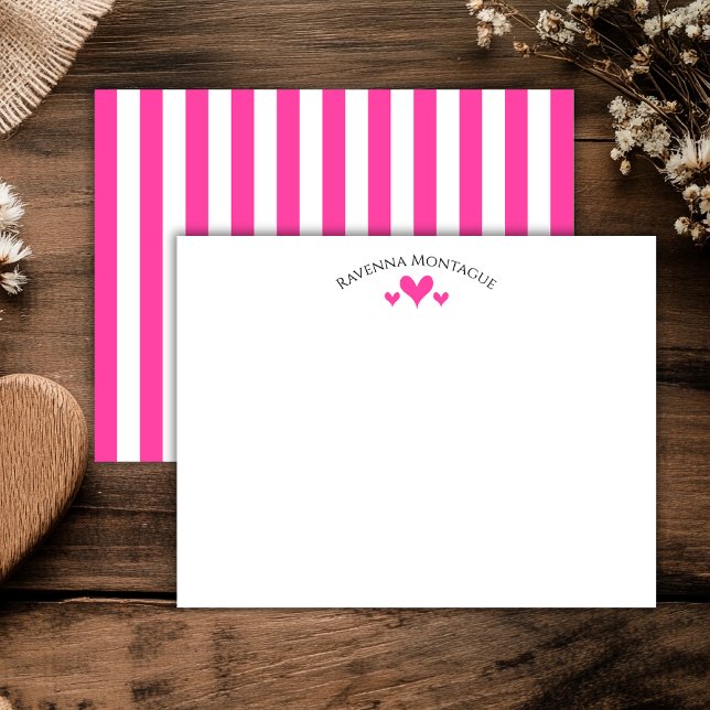 Strawberry Pink Classic Hearts Striped Note Card Anteckningskort (Skapare uppladdad)