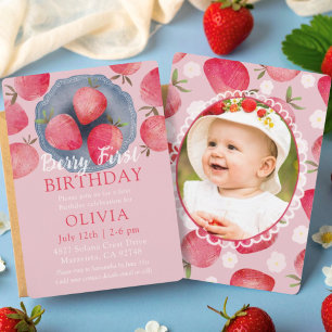 Strawberry Rosa 1-års Watercolor Inbjudningar