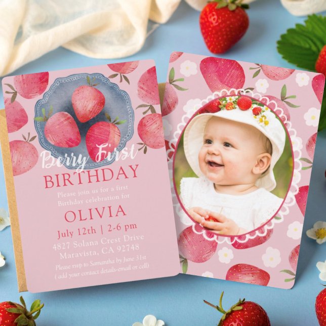 Strawberry Rosa 1-års Watercolor  Inbjudningar (Skapare uppladdad)