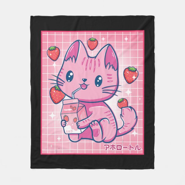 Strawberry Shake Strawberry Mjölk Cat Kawaii Neko  Fleecefilt (Framsidan)