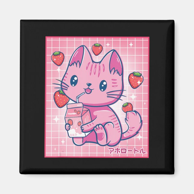 Strawberry Shake Strawberry Mjölk Cat Kawaii Neko  Magnet (Framsidan)