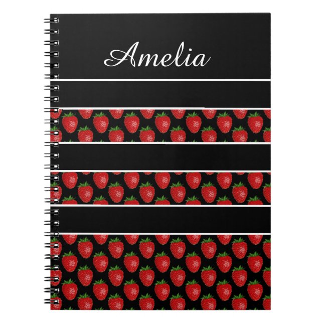 Strawberry Stripes Black Personalised Anteckningsbok (Framsidan)
