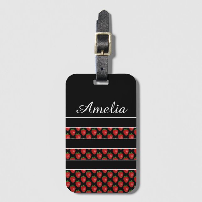 Strawberry Stripes Black Personalised Bagagebricka (Framsida vertikal)