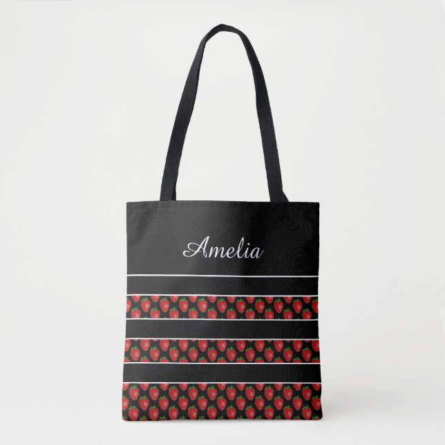 Strawberry Stripes Black Personalised Tygkasse (Framsida)