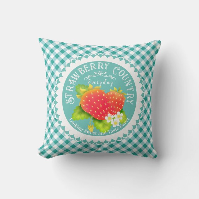 Strawberry Teal Gingham Dekorativ kudde (Framsida)