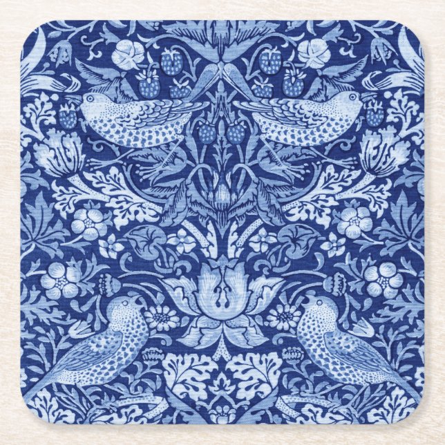 Strawberry Thief Blue Monotone, William Morris Underlägg Papper Kvadrat (Framsidan)