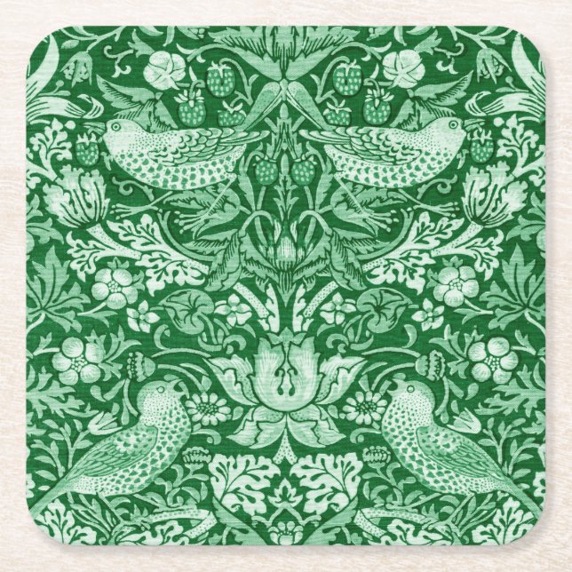 Strawberry Thief Grönt, William Morris Underlägg Papper Kvadrat (Framsidan)