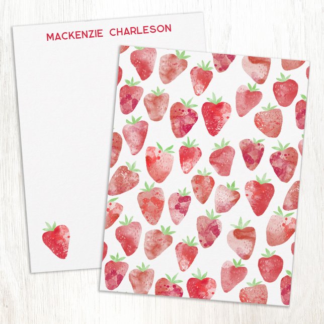 Strawberry Watercolor Personalized Anteckningskort (Strawberry watercolor art pattern personalized custom name or text notecards)