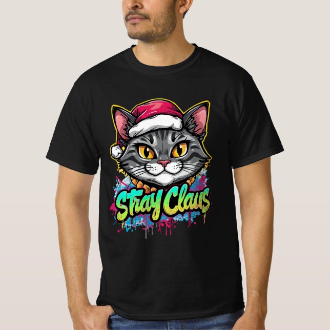 Stray Claus – Graffiti Christmas Cat Design T Shirt (Framsida)