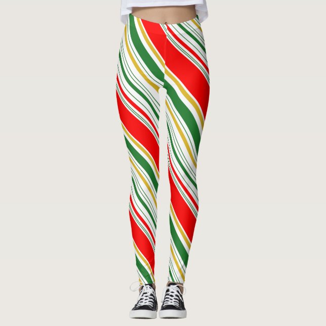 Streckad röd Grönt Guld jul Leggings (Framsida)