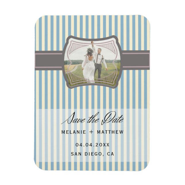 Streckad Vintage Foto Spara datum Bröllop Magnet (Vertikal)