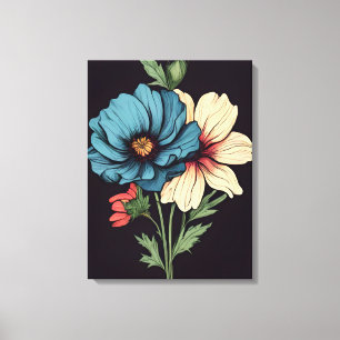 Streckande blå och vit Blommigt Canvastryck