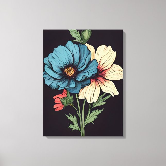 Streckande blå och vit Blommigt Canvastryck (Framsida)